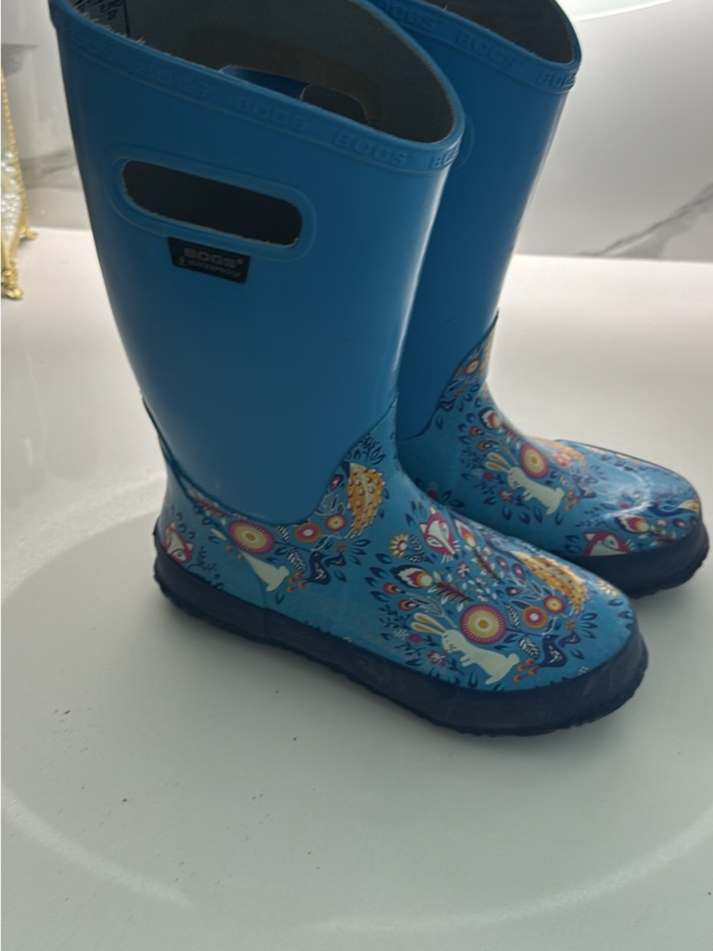 Bogs Kids Bright Blue Floral Handle Rain Boots